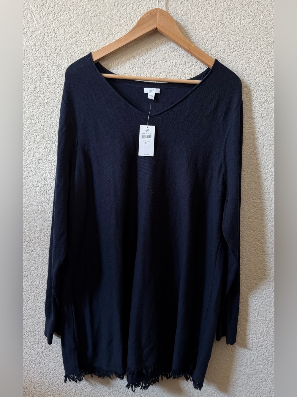 J.Jill womens XL Navy Blue Knit V Neck Long Sleeve Fringe Hem Tunic MSRP $89